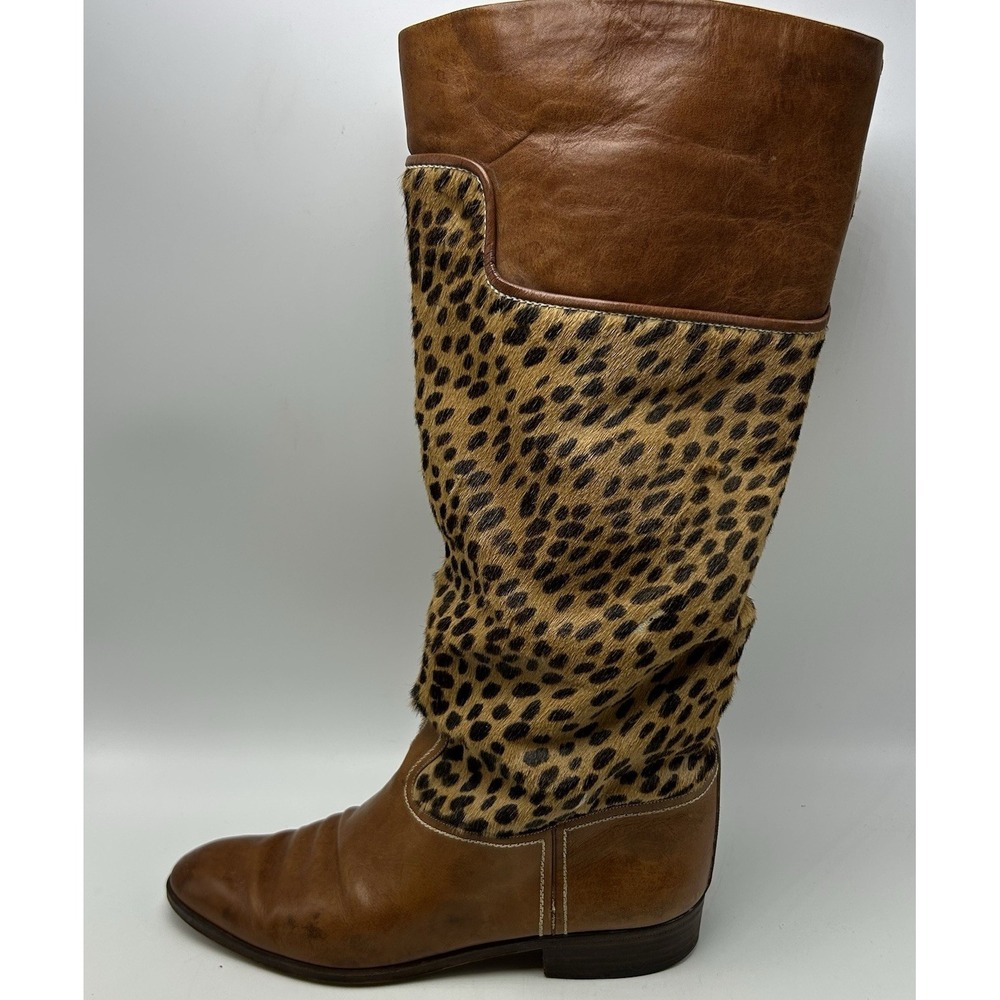 Studio Pollini Riding Boots Womens 9 AA Brown Leather Italy Animal Print Hair